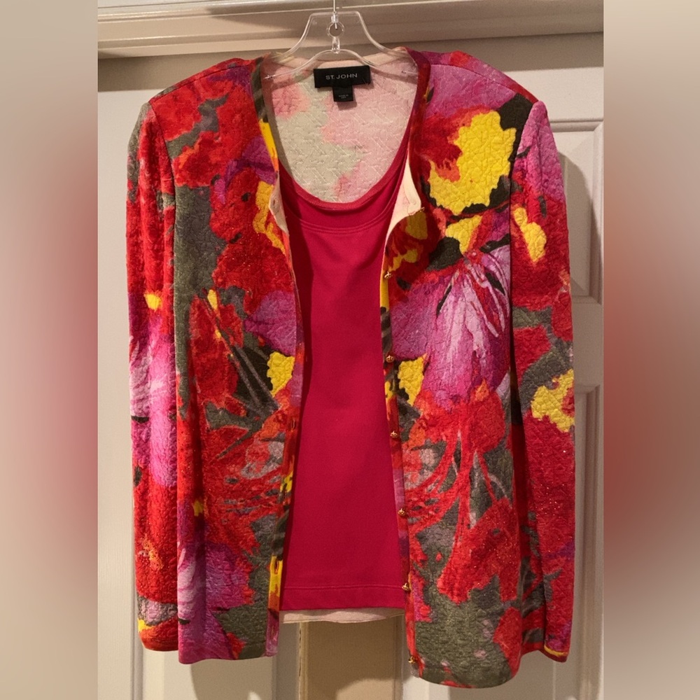 ST. JOHN Floral Multicolor Rhinestone Button Up Shoulder Padded Cardigan